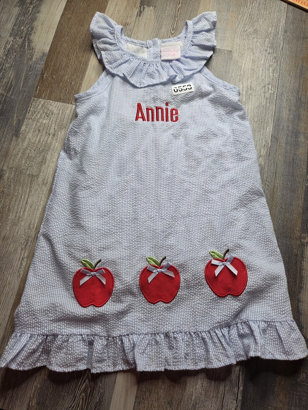 Stitchy Fish Girls 5 Dress Blue And White Stripes "Annie" With Red Apples